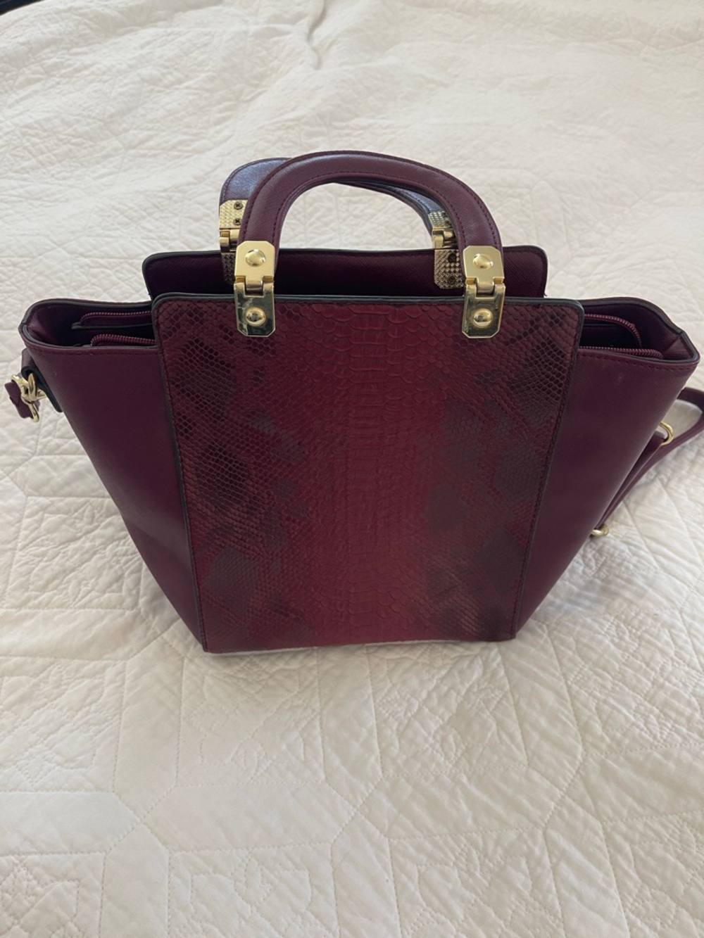 Women's Burgundy Structured Tote with Gold Hardware - Picture 2 of 10